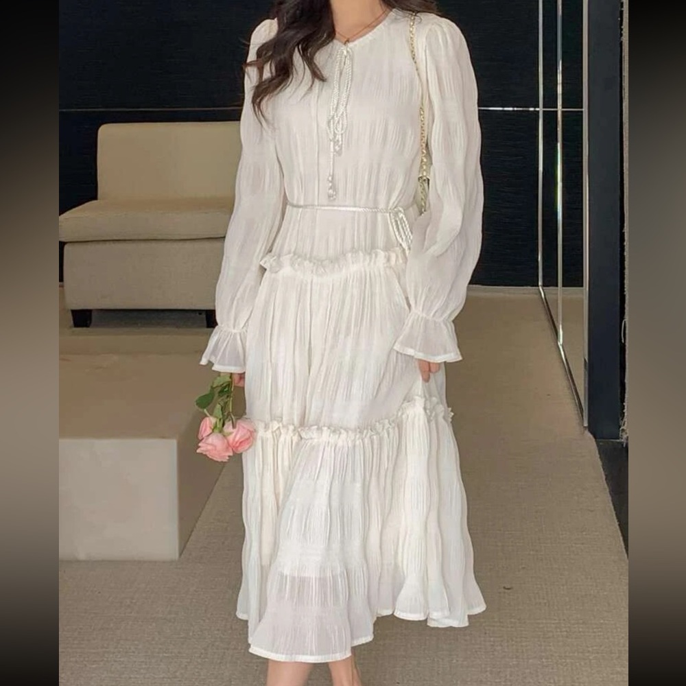 White Pleated Detail Dress